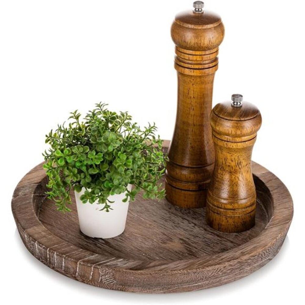 Rustic Wooden Serving Tray:Round Wood Butler Decorative Tray Vintage Centerpiece